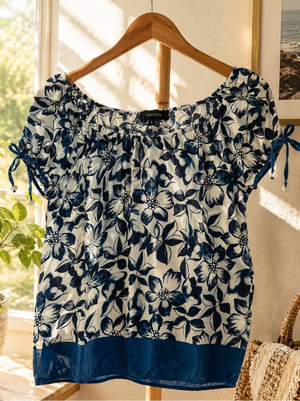 Karen Kane 100% Silk Blue Floral Peasant Blouse Tie Sleeve Top Small